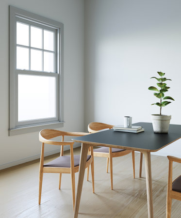 Interior of modern dining room with white walls, wooden floor, round table with chairs and window with blurry view. 3d renderingの写真素材
