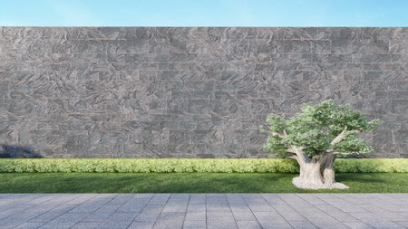 A beautiful tree stood in front of a large gray marble adorned wall, with lawns and stone paths in front. 3D illustrationの写真素材