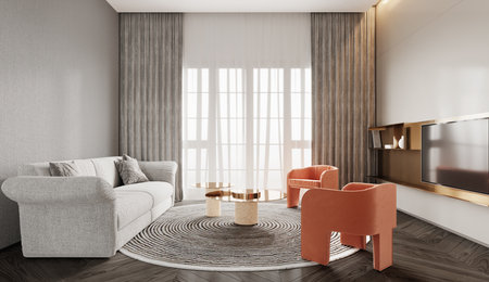Interior of a modern living room with natural light from the window. 3D illustration.