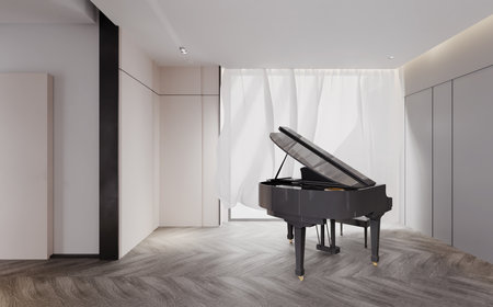 Hall where a piano is placed and have natural light from window. 3D illustrationの写真素材