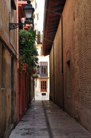 narrow medieval street vertical with historic buildingsの写真素材
