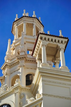 Detail of viewing-points in neoclassic building in Valencia. Blue vibrant intense skyの写真素材