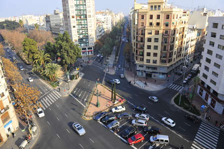 VALENCIA, SPAIN - FEBRUARY 9, 2011: Elevated view of the city of Valencia, at the intersection of Gran Via with Avenida Reino de Valenciaのeditorial素材