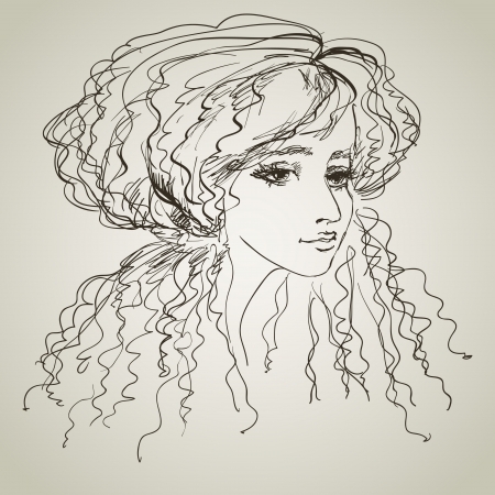 drawing with a portrait of the young, beautiful girlのイラスト素材