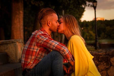 beautiful couple in love posing in nature on a summer dayの写真素材