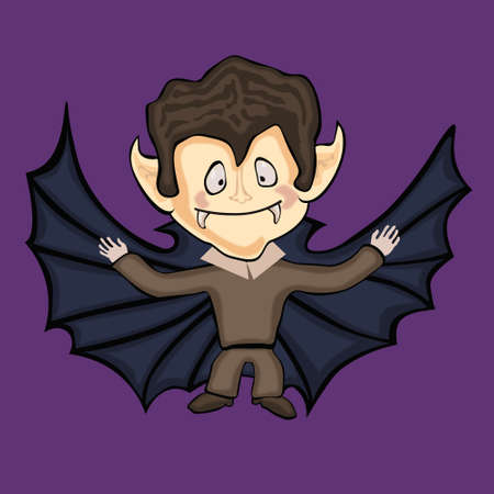 cute dracula with sharp fangs and black wings for halloween. purple backgroundの写真素材