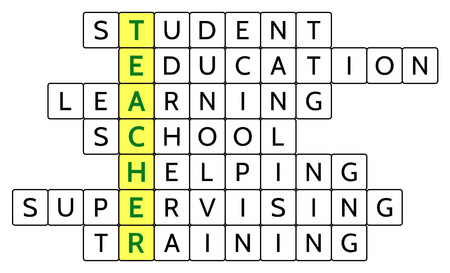 Crossword puzzle for the word Teacher and related words Student, Education, Learning, School, Helping, Supervising, Trainingのイラスト素材