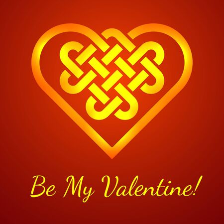 Be My Valentine card with a Celtic heart shape knot, vector illustration glowing heart shape on deep red backgroundのイラスト素材