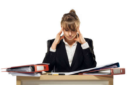 business concept, woman leader working till late, headache, deadline and tired, isolated on white backgroundの写真素材