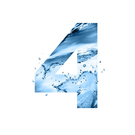 stylized font, text made of water splashes, digit four, isolated on white backgroundの写真素材