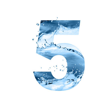 stylized font, text made of water splashes, digit five, isolated on white backgroundの写真素材