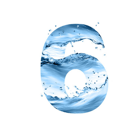 stylized font, text made of water splashes, digit six, isolated on white backgroundの写真素材