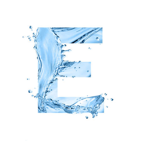 stylized font, art text made of water splashes, capital letter e, isolated on white backgroundの写真素材