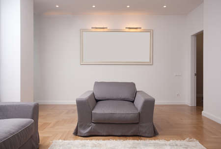 epmty minimalistic interior background, living room of modern apartment with big soft chair and...