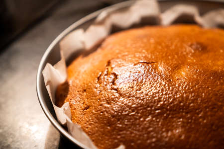 Close up view of a delicious homemade cake just out of the oven with warm kitchen light. Freshly...