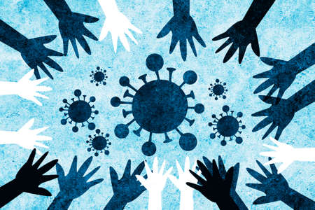 Hands from around the world united to defeat and fight the coronavirus. We are all called to action against virus covid-19.の写真素材