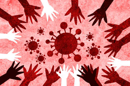 Multicultural hands from around the world united to defeat and fight the coronavirus. We are all called to action against virus covid-19.の写真素材