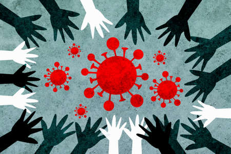 Hands of different colors and cultures of the world unite in a circle against coronavirus. Design with virus covid-19 concept.の写真素材