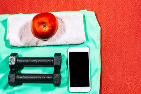 Attributes of a healthy lifestyle: apple, sport equipment, mobile phone. Tools for fitness at home.の写真素材