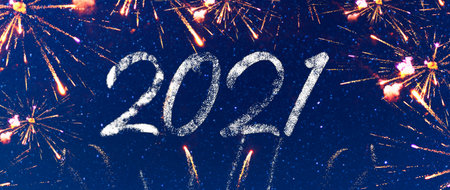 Happy new year 2021 with firework and starry blue sky background. Poster, banner, billboard or greeting card for merry christmas and happy new year celebration with stars. Wish a Happy New Year 2021.の写真素材