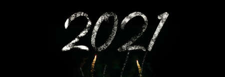 Happy new year 2021 with firework background. Poster, banner, billboard or greeting card for merry...