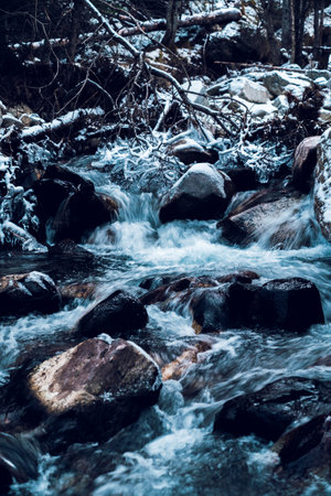 Frosty winter river. Landscape of river side. Winter in mountains. Beautiful nature in december, christmas time. Frozen and snowy stream. Vertical view.の写真素材