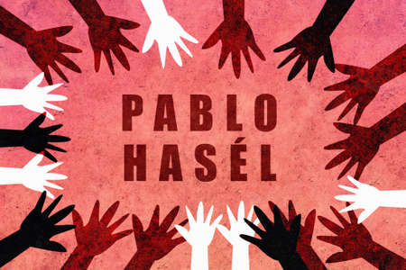 Pablo HasÃ©l. Design with hands of different colors and cultures of the world unite against fascism. Red design asking for freedom from Pablo Hasel.のeditorial素材