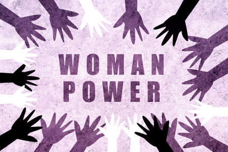 Woman power. Multicultural design with hands of different colors and cultures of the world united together in International Women's Day asking for equality. Feminist design for women's day.の写真素材