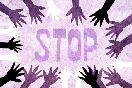 Multicultural design with hands of different colors united together in International Women's Day asking for equality. Feminist design for women's day. Feminism, protest, stop, women's rights.の写真素材