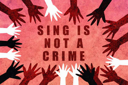 Sing is not a crime. Design with hands of different colors and cultures of the world unite for freedom of expression and justice against for fascism. Red design asking for freedom from Pablo HÃ¡sel.の写真素材