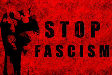 Stop fascism. Red fist raised with a powerful anti-fascist message. Red design asking for freedom of expression, justice and stop fascism.の写真素材