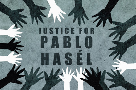 Justice for Pablo HasÃ©l. Design with hands of different colors and cultures of the world unite against fascism. Design asking for freedom from Pablo Hasel.のeditorial素材