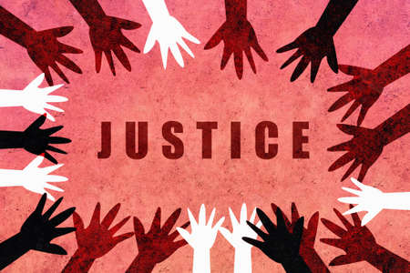 Design with hands of different colors and cultures of the world unite asking justice for freedom and equality and against racism and fascism.の写真素材