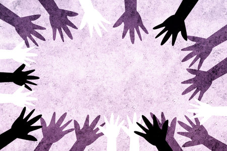 Multicultural design with hands of different colors united together in International Women's Day asking for equality. Feminist design for women's day. Feminism, protest, stop, women's rights.の写真素材
