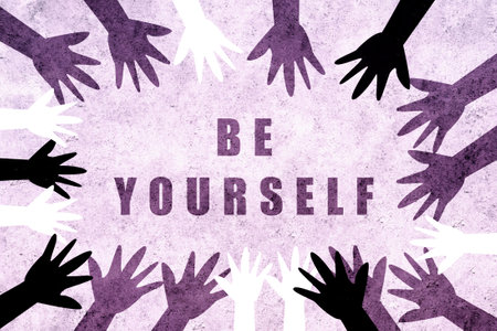 Hands united together for for gender equality March 8, International Women's Day. Be yourself. Feminism, demonstrations, protest, women's rights.の写真素材