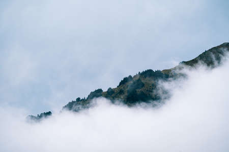 Misty foggy mountain landscape with copyspace in gloomy morning atmosphere. Dark tone, bad weather and cloudy day.の写真素材
