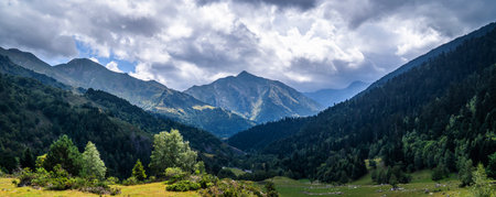 Beautiful mountainous landscape in an alpine valley with trees and green mountains. Outdoor summer vacation, nature and mountaineering concept. Pyrenees, Catalonia, Spain.の写真素材