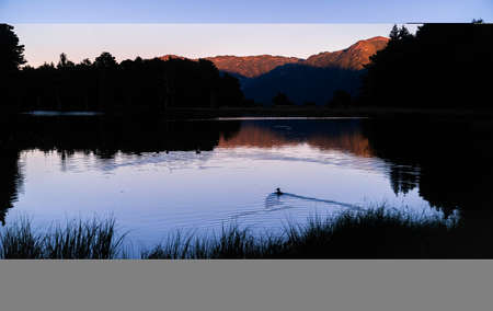 Beautiful sunrise or sunset on an alpine lake with the silhouette of some ducks in the Pyrenees, Catalonia, Spain. Concept of vacations, summer, relaxation and disconnection in nature. Wilderness.の写真素材