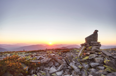 Sunset in the Carpathian mountains. Hill of stones. Ukraineの写真素材