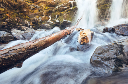 atmospheric stones and tree branch under small cascading waterfallの写真素材