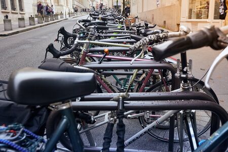 Paris, France - October 24, 2017: Urban scene. Bicycles parked near Sorbonne universityのeditorial素材