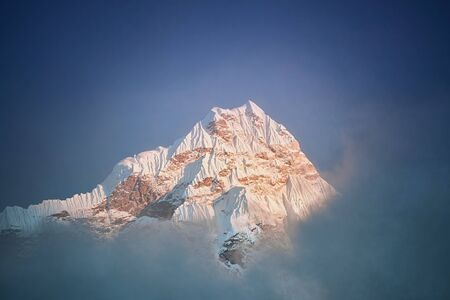 View of Mount Amphu Gyabjen in Himalaya mountains at sunset. Khumbu valley, Everest region, Nepalの写真素材