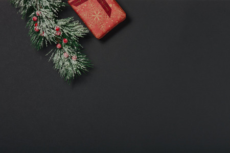 New Year or Christmas festive background. Christmas gifts and tree. Preparing for the holidays. Top view with space for copy.の写真素材