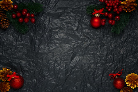 Christmas and New Year background concept. Top view of Christmas tree branches, red balls, golden pine cones, red berries on a black paper background. Ornament, corner border, header banner. Place for textの写真素材