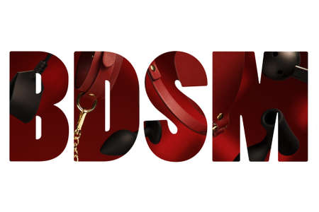 Creative BDSM lettering on a white background. Set of sexy erotic toys Sex shop concept Intimate sex games Whip, gag, blindfold, butt plug, vaginal balls, nipple clamp, release ringの写真素材