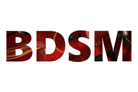 Creative BDSM lettering on a white background. Set of sexy erotic toys Sex shop concept Intimate sex games Whip, gag, blindfold, butt plug, vaginal balls, nipple clamp, release ringの写真素材