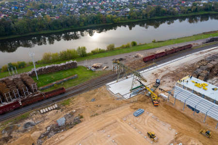 MOSTY, BELARUS - SEPTEMBER 2020: panorama of a construction site at a woodworking plant top view