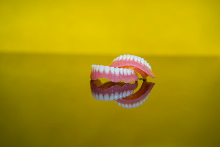 dentures close-up on a yellow background