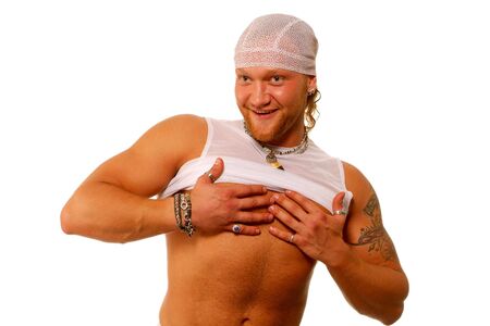 The young strong man on a white backgroundの写真素材