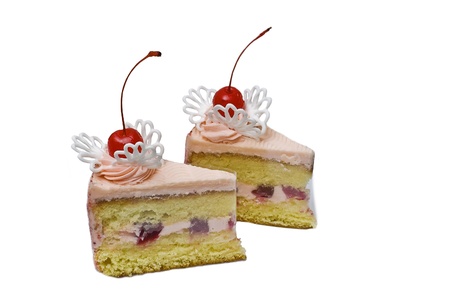 Magnificent cake with a different stuffing on a white backgroundの写真素材